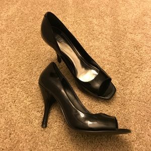 BCBGeneration Black Patent Peep Toe Pumps